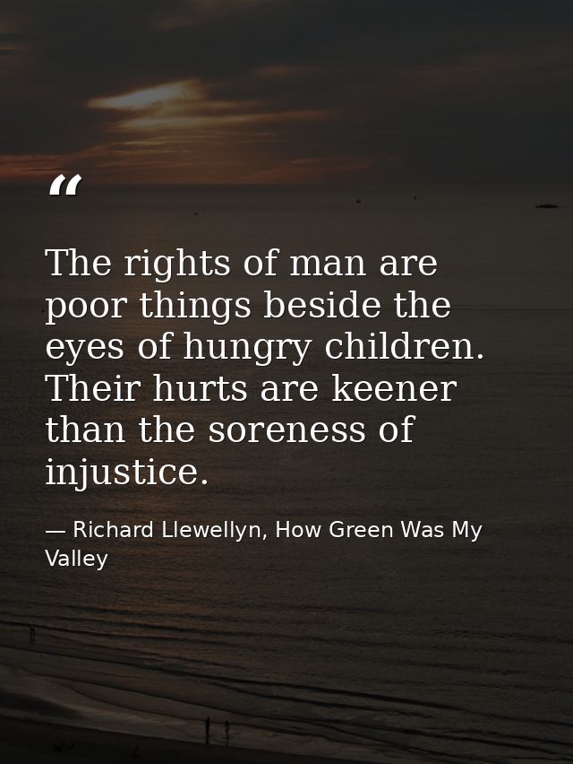The rights of man are poor things beside the eyes of hungry children. Their hurts are keener than the soreness of injust — Richard Llewellyn, How Green Was My Valley