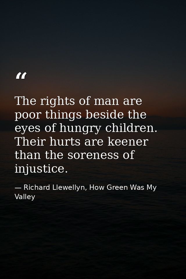 The rights of man are poor things beside the eyes of hungry children. Their hurts are keener than the soreness of injust — Richard Llewellyn, How Green Was My Valley
