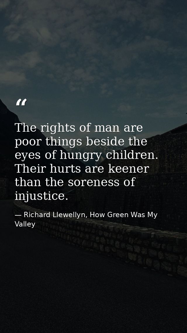 The rights of man are poor things beside the eyes of hungry children. Their hurts are keener than the soreness of injust — Richard Llewellyn, How Green Was My Valley
