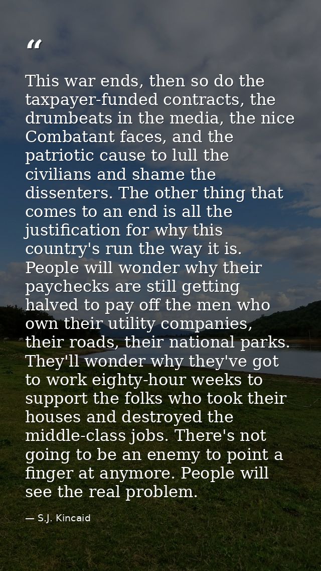 This war ends, then so do the taxpayer-funded contracts, the drumbeats in the media, the nice Combatant faces, and the p — S.J. Kincaid