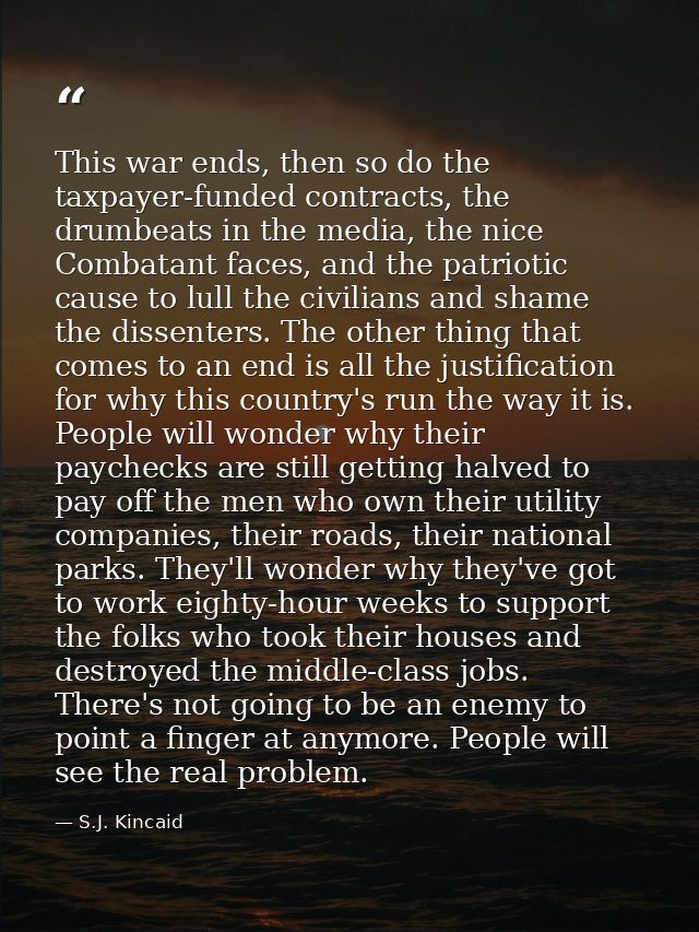 This war ends, then so do the taxpayer-funded contracts, the drumbeats in the media, the nice Combatant faces, and the p — S.J. Kincaid