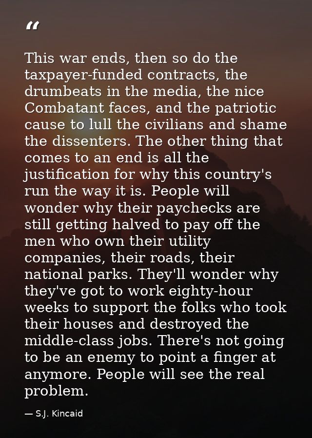 This war ends, then so do the taxpayer-funded contracts, the drumbeats in the media, the nice Combatant faces, and the p — S.J. Kincaid