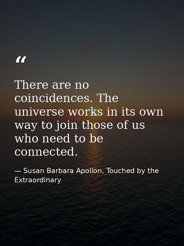 There are no coincidences. The universe works in its own way to join those of us who need to be connected. — Susan Barbara Apollon, Touched by the Extraordinary
