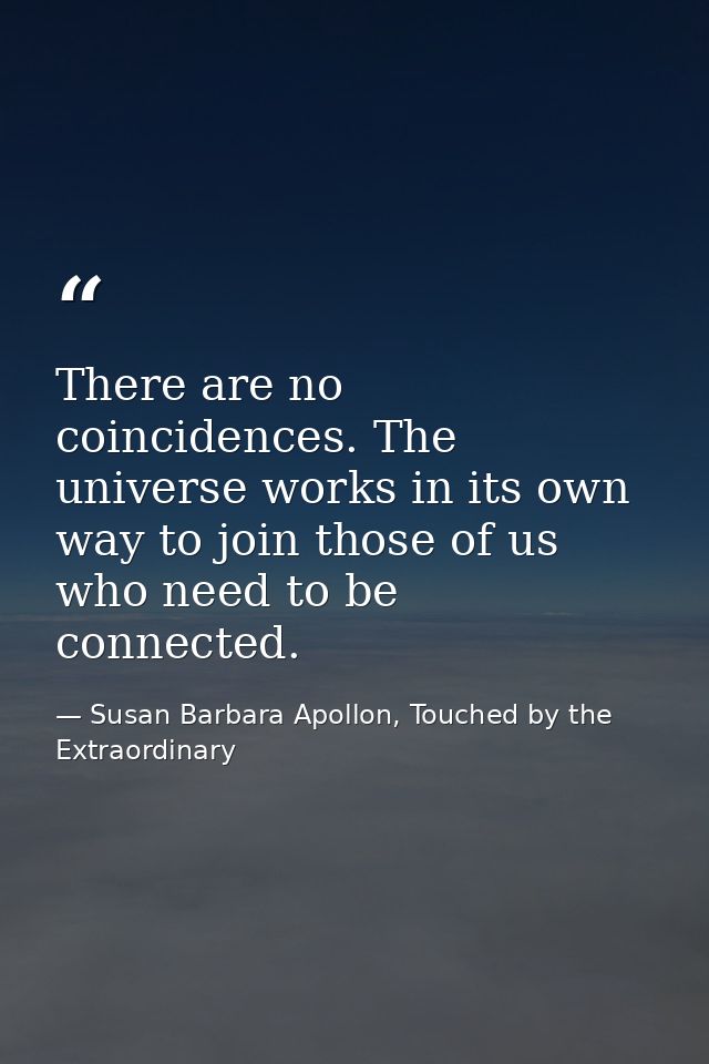 There are no coincidences. The universe works in its own way to join those of us who need to be connected. — Susan Barbara Apollon, Touched by the Extraordinary