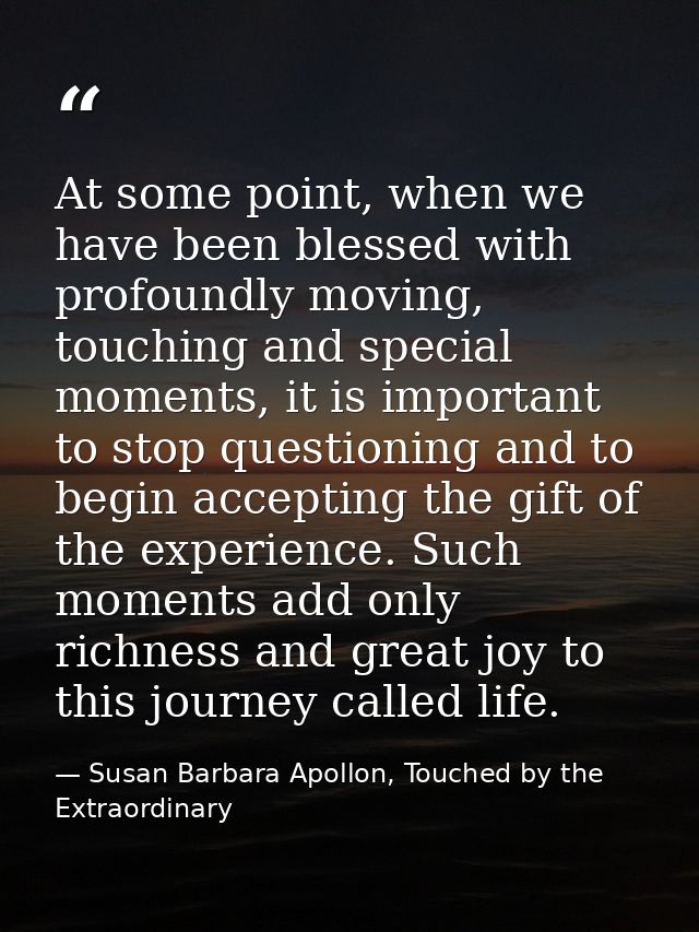 At some point, when we have been blessed with profoundly moving, touching and special moments, it is important to stop q — Susan Barbara Apollon, Touched by the Extraordinary