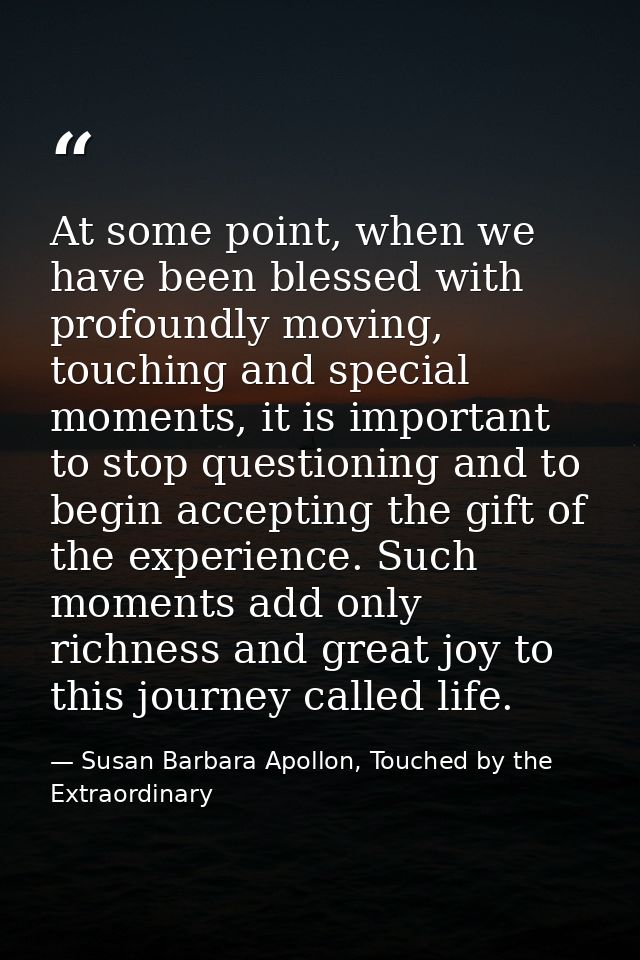 At some point, when we have been blessed with profoundly moving, touching and special moments, it is important to stop q — Susan Barbara Apollon, Touched by the Extraordinary