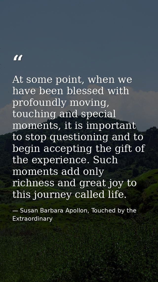 At some point, when we have been blessed with profoundly moving, touching and special moments, it is important to stop q — Susan Barbara Apollon, Touched by the Extraordinary