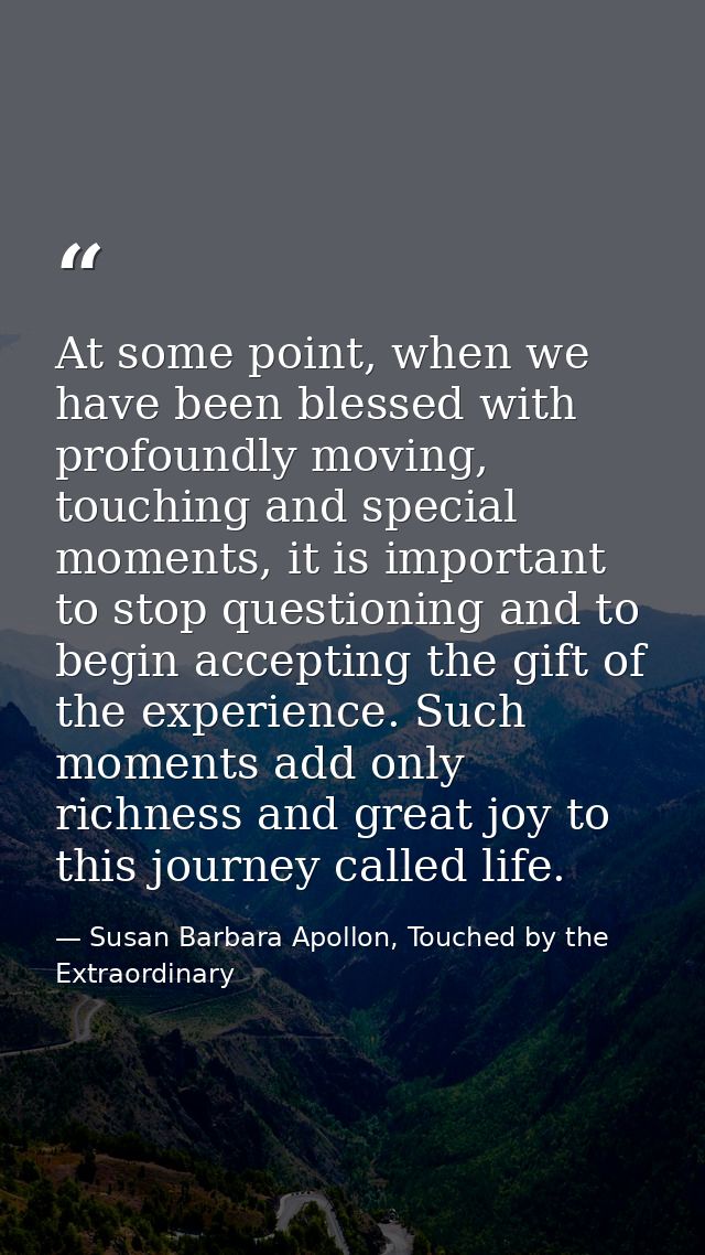 At some point, when we have been blessed with profoundly moving, touching and special moments, it is important to stop q — Susan Barbara Apollon, Touched by the Extraordinary