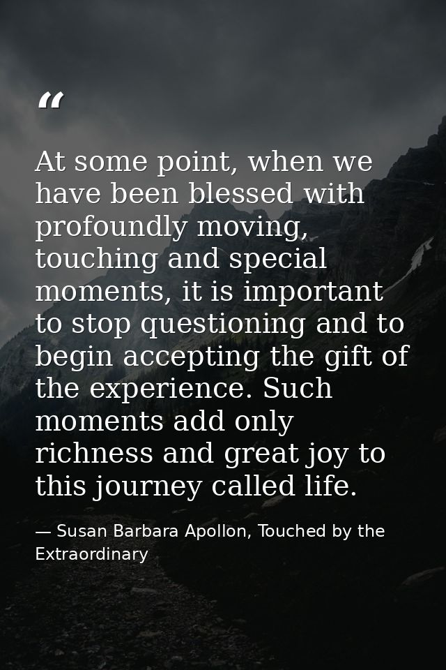 At some point, when we have been blessed with profoundly moving, touching and special moments, it is important to stop q — Susan Barbara Apollon, Touched by the Extraordinary