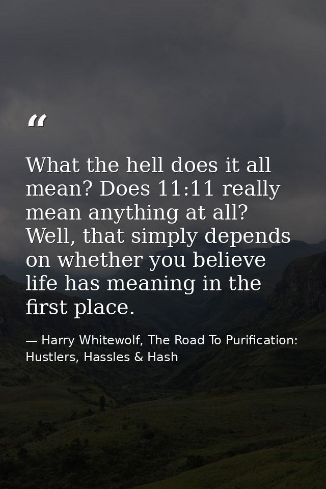 What the hell does it all mean? Does 11:11 really mean anything at all? Well, that simply depends on whether you believe — Harry Whitewolf, The Road To Purification: Hustlers, Hassles & Hash