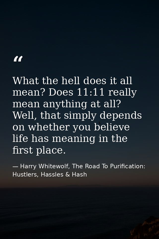What the hell does it all mean? Does 11:11 really mean anything at all? Well, that simply depends on whether you believe — Harry Whitewolf, The Road To Purification: Hustlers, Hassles & Hash