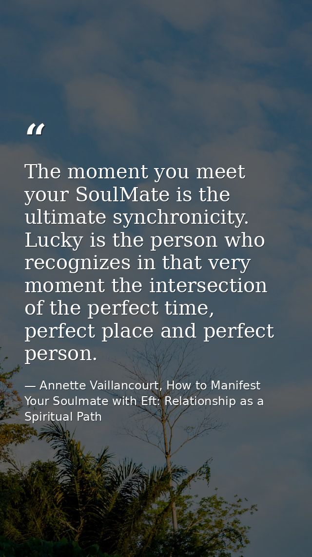 The moment you meet your SoulMate is the ultimate synchronicity. Lucky is the person who recognizes in that very moment  — Annette Vaillancourt, How to Manifest Your Soulmate with Eft: Relationship as a Spiritual Path