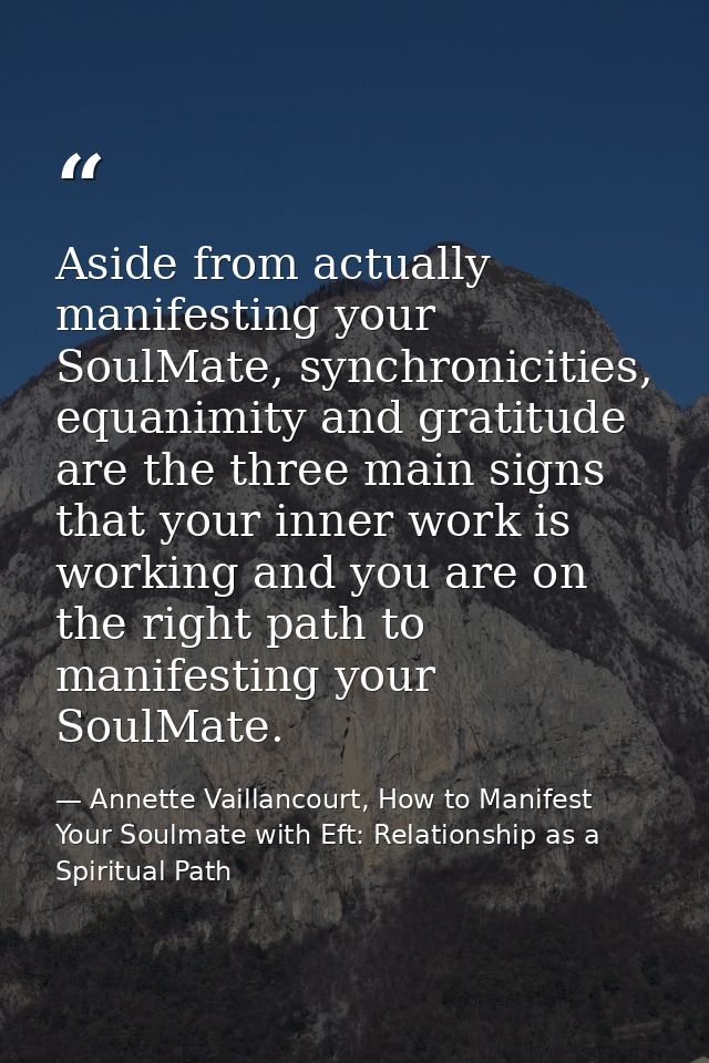 Aside from actually manifesting your SoulMate, synchronicities, equanimity and gratitude are the three main signs that y — Annette Vaillancourt, How to Manifest Your Soulmate with Eft: Relationship as a Spiritual Path