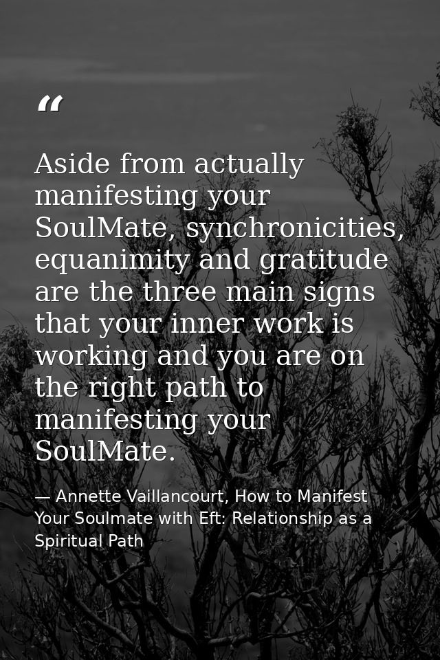 Aside from actually manifesting your SoulMate, synchronicities, equanimity and gratitude are the three main signs that y — Annette Vaillancourt, How to Manifest Your Soulmate with Eft: Relationship as a Spiritual Path