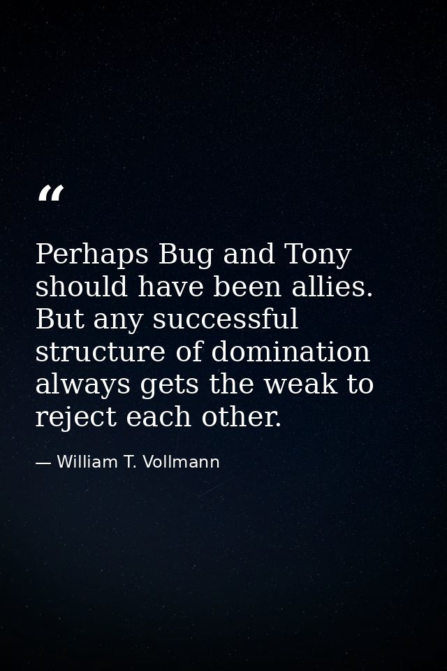 Perhaps Bug and Tony should have been allies. But any successful structure of domination always gets the weak to reject  — William T. Vollmann