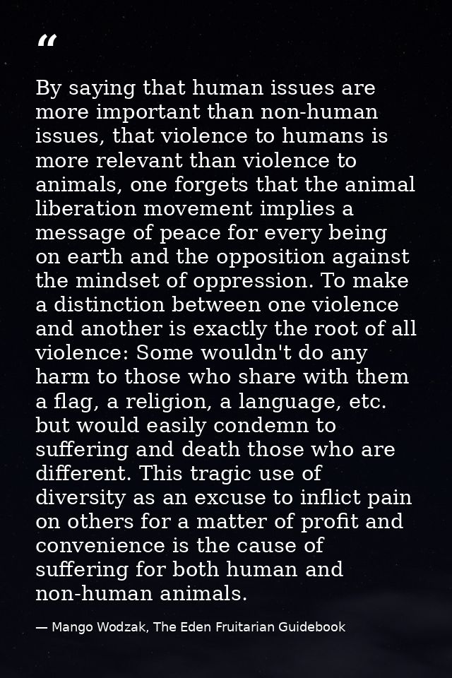 By saying that human issues are more important than non-human issues, that violence to humans is more relevant than viol — Mango Wodzak, The Eden Fruitarian Guidebook