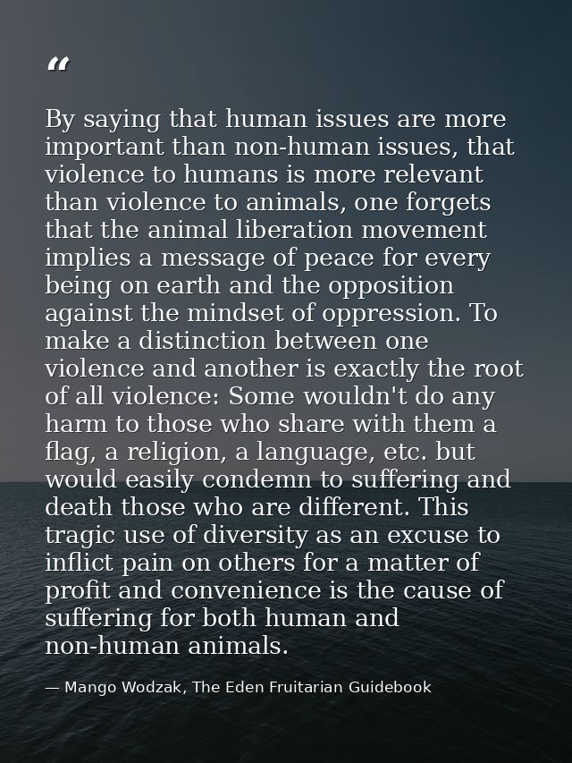 By saying that human issues are more important than non-human issues, that violence to humans is more relevant than viol — Mango Wodzak, The Eden Fruitarian Guidebook