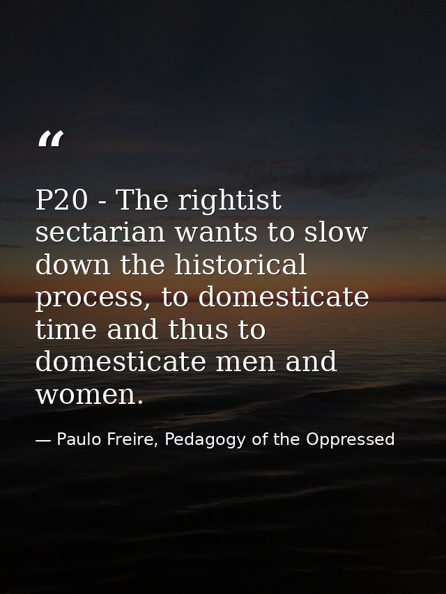 P20 - The rightist sectarian wants to slow down the historical process, to domesticate time and thus to domesticate men  — Paulo Freire, Pedagogy of the Oppressed