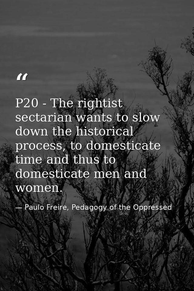 P20 - The rightist sectarian wants to slow down the historical process, to domesticate time and thus to domesticate men  — Paulo Freire, Pedagogy of the Oppressed
