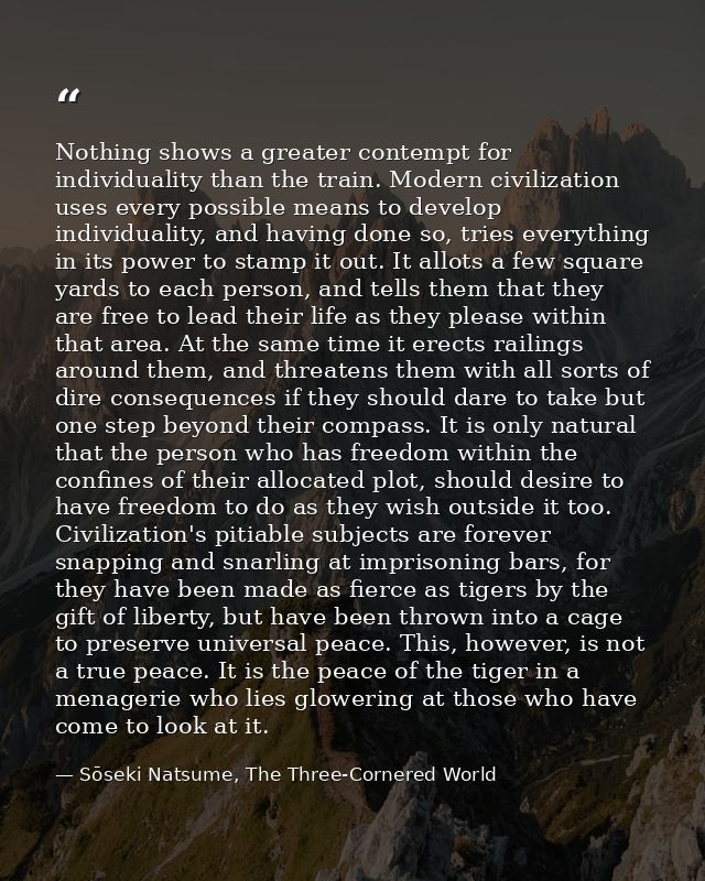 Nothing shows a greater contempt for individuality than the train. Modern civilization uses every possible means to deve — Sōseki Natsume, The Three-Cornered World