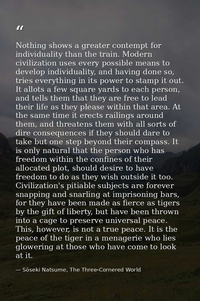 Nothing shows a greater contempt for individuality than the train. Modern civilization uses every possible means to deve — Sōseki Natsume, The Three-Cornered World