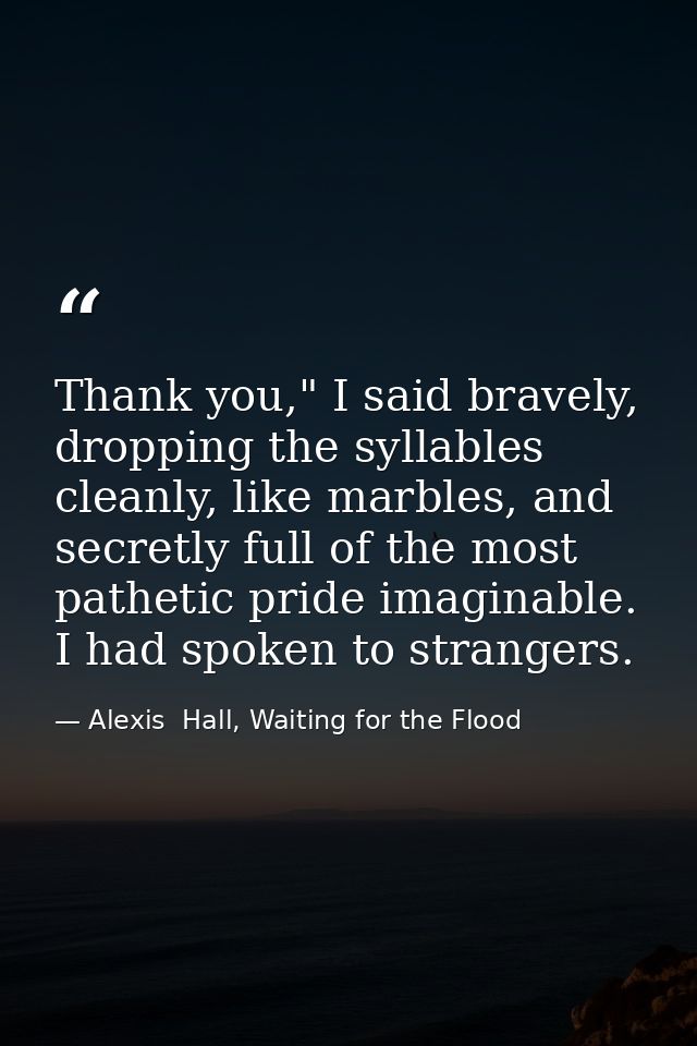 Thank you," I said bravely, dropping the syllables cleanly, like marbles, and secretly full of the most pathetic pride i — Alexis  Hall, Waiting for the Flood