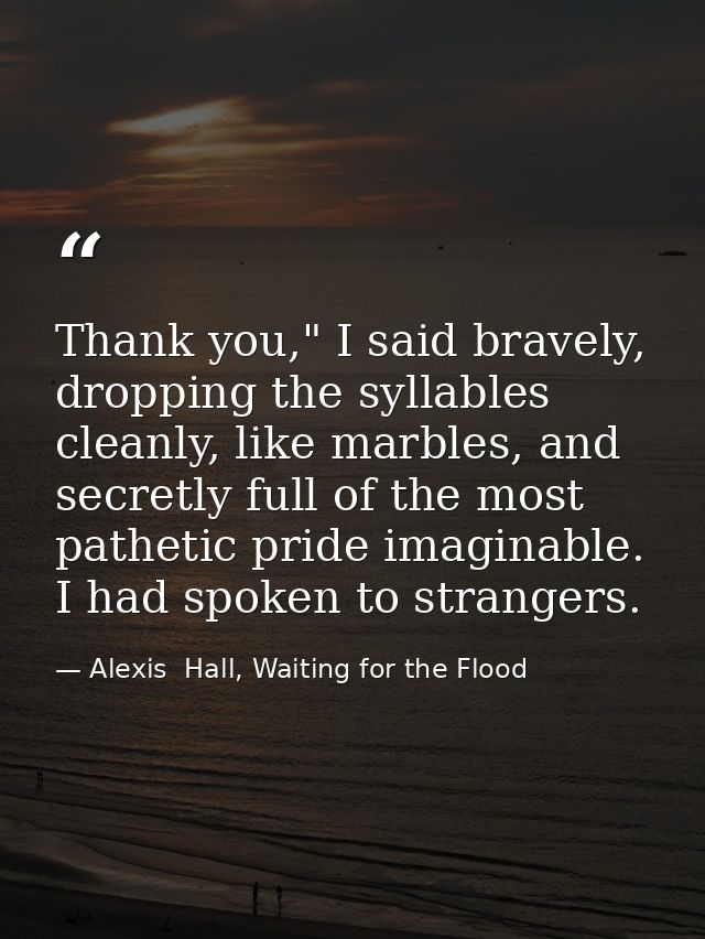 Thank you," I said bravely, dropping the syllables cleanly, like marbles, and secretly full of the most pathetic pride i — Alexis  Hall, Waiting for the Flood