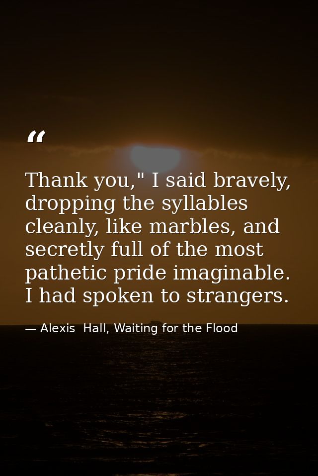 Thank you," I said bravely, dropping the syllables cleanly, like marbles, and secretly full of the most pathetic pride i — Alexis  Hall, Waiting for the Flood