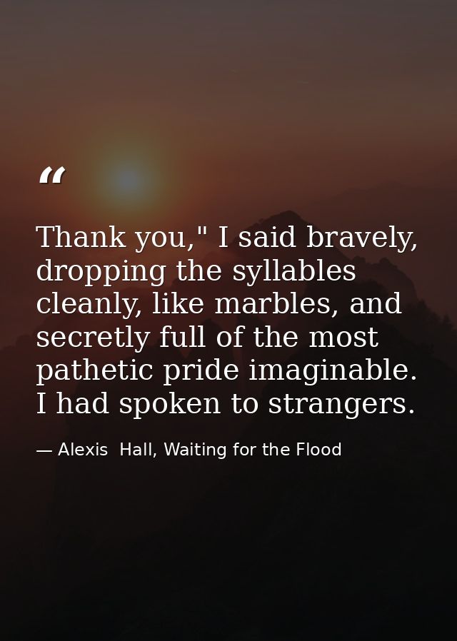 Thank you," I said bravely, dropping the syllables cleanly, like marbles, and secretly full of the most pathetic pride i — Alexis  Hall, Waiting for the Flood