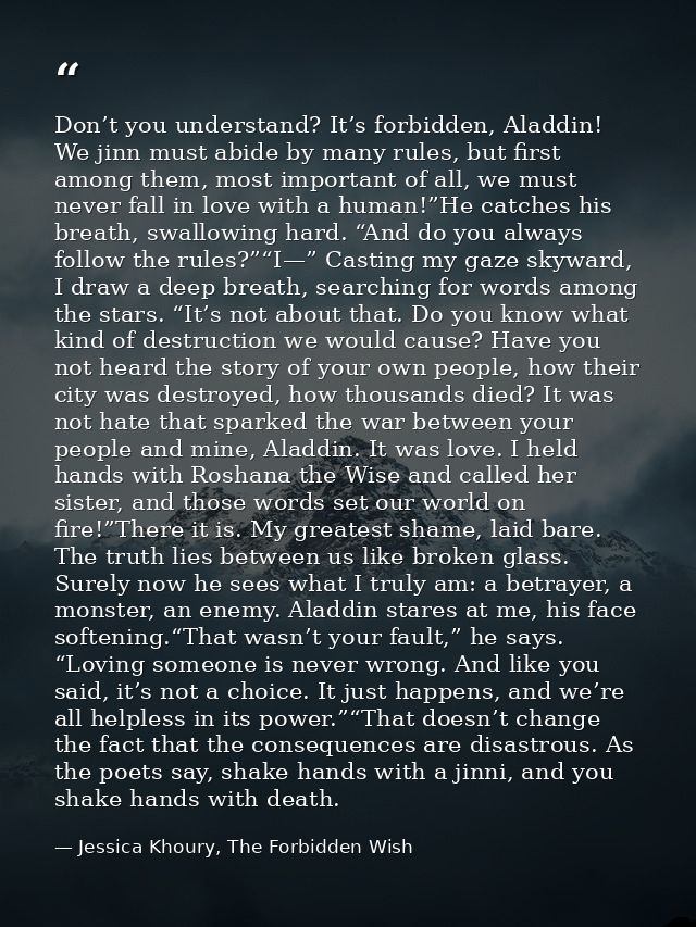 Don’t you understand? It’s forbidden, Aladdin! We jinn must abide by many rules, but first among them, most important of — Jessica Khoury, The Forbidden Wish