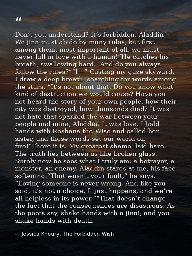 Don’t you understand? It’s forbidden, Aladdin! We jinn must abide by many rules, but first among them, most important of — Jessica Khoury, The Forbidden Wish