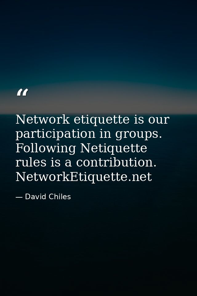 Network etiquette is our participation in groups. Following Netiquette rules is a contribution. NetworkEtiquette.net — David Chiles