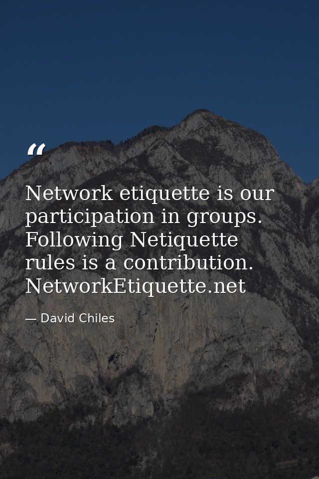 Network etiquette is our participation in groups. Following Netiquette rules is a contribution. NetworkEtiquette.net — David Chiles
