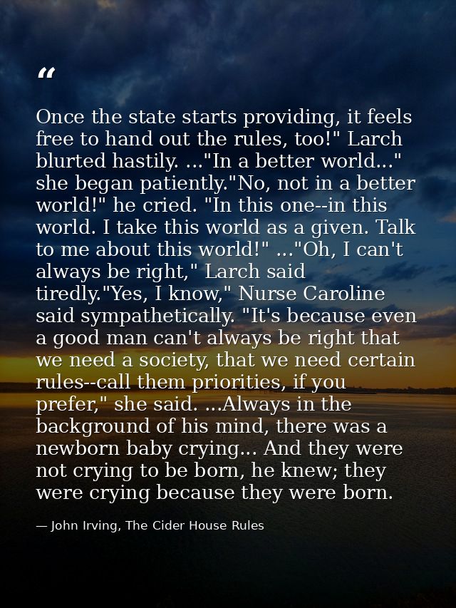 Once the state starts providing, it feels free to hand out the rules, too!" Larch blurted hastily. ..."In a better world — John Irving, The Cider House Rules