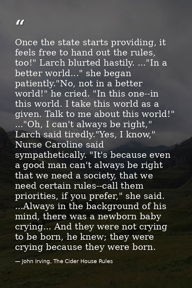 Once the state starts providing, it feels free to hand out the rules, too!" Larch blurted hastily. ..."In a better world — John Irving, The Cider House Rules