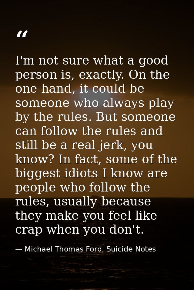 I'm not sure what a good person is, exactly. On the one hand, it could be someone who always play by the rules. But some — Michael Thomas Ford, Suicide Notes