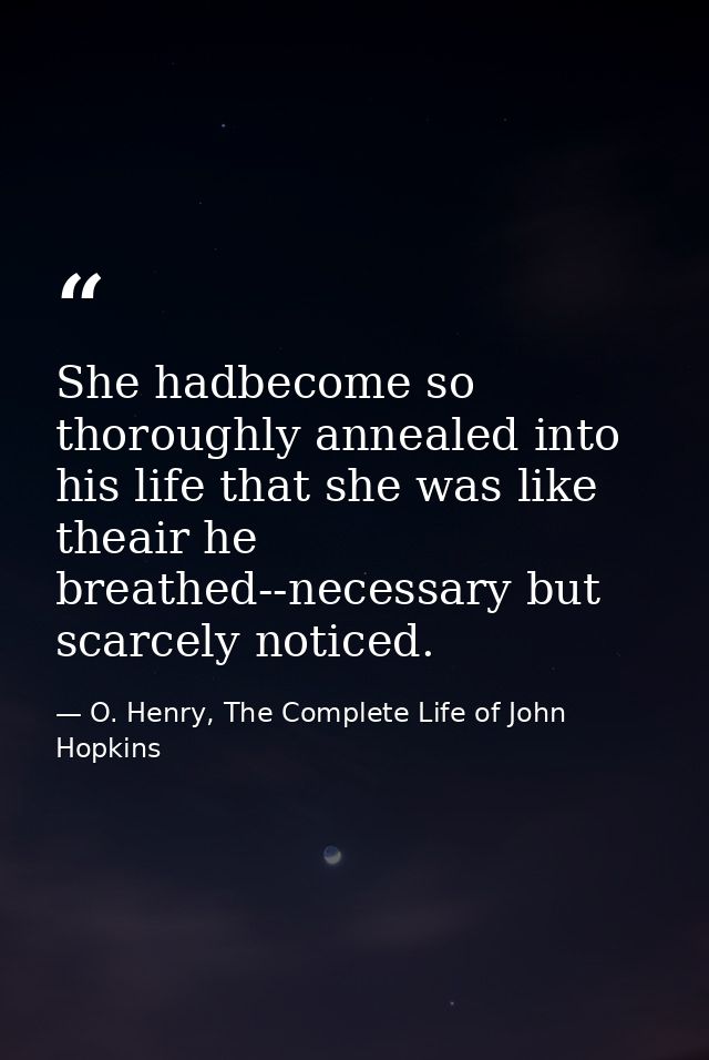 She hadbecome so thoroughly annealed into his life that she was like theair he breathed--necessary but scarcely noticed. — O. Henry, The Complete Life of John Hopkins