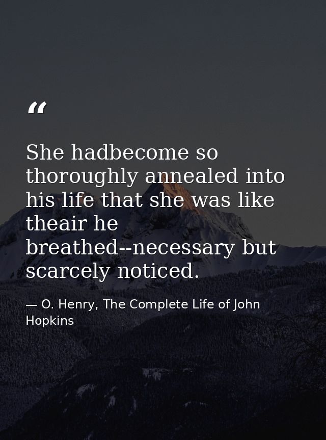 She hadbecome so thoroughly annealed into his life that she was like theair he breathed--necessary but scarcely noticed. — O. Henry, The Complete Life of John Hopkins