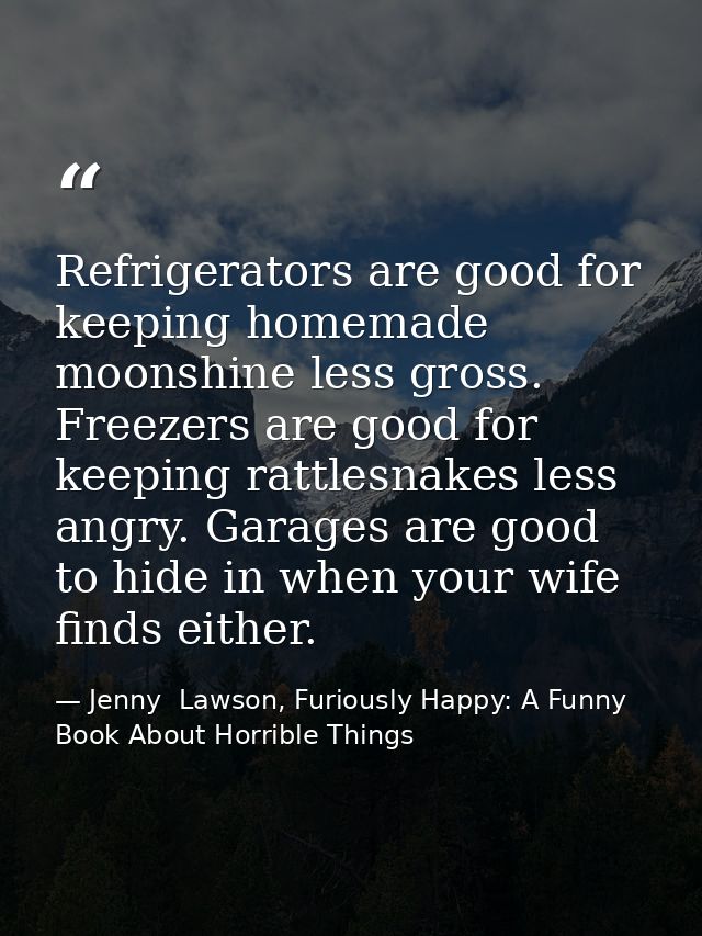Refrigerators are good for keeping homemade moonshine less gross. Freezers are good for keeping rattlesnakes less angry. — Jenny  Lawson, Furiously Happy: A Funny Book About Horrible Things