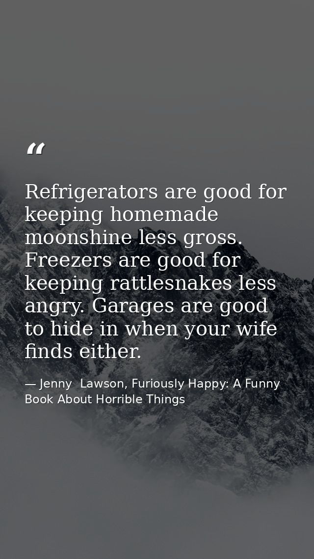 Refrigerators are good for keeping homemade moonshine less gross. Freezers are good for keeping rattlesnakes less angry. — Jenny  Lawson, Furiously Happy: A Funny Book About Horrible Things