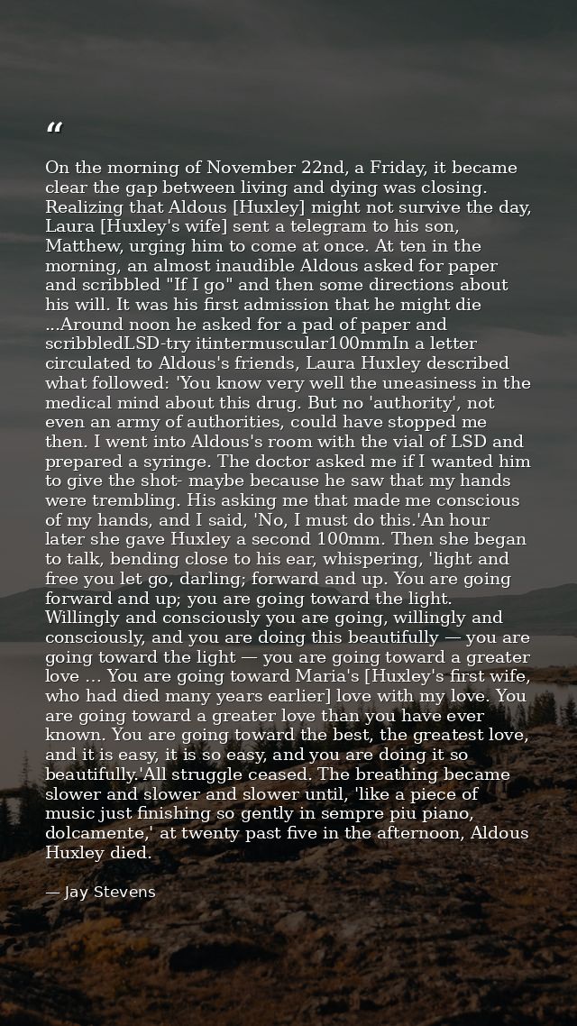 On the morning of November 22nd, a Friday, it became clear the gap between living and dying was closing. Realizing that  — Jay Stevens