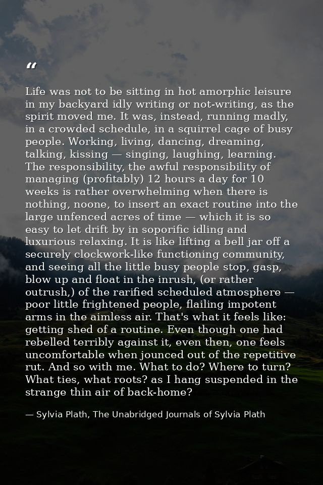 Life was not to be sitting in hot amorphic leisure in my backyard idly writing or not-writing, as the spirit moved me. I — Sylvia Plath, The Unabridged Journals of Sylvia Plath