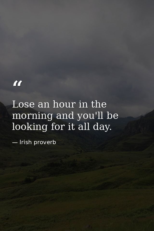 Lose an hour in the morning and you'll be looking for it all day. — Irish proverb