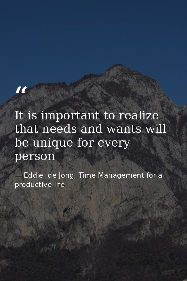 It is important to realize that needs and wants will be unique for every person — Eddie  de Jong, Time Management for a productive life