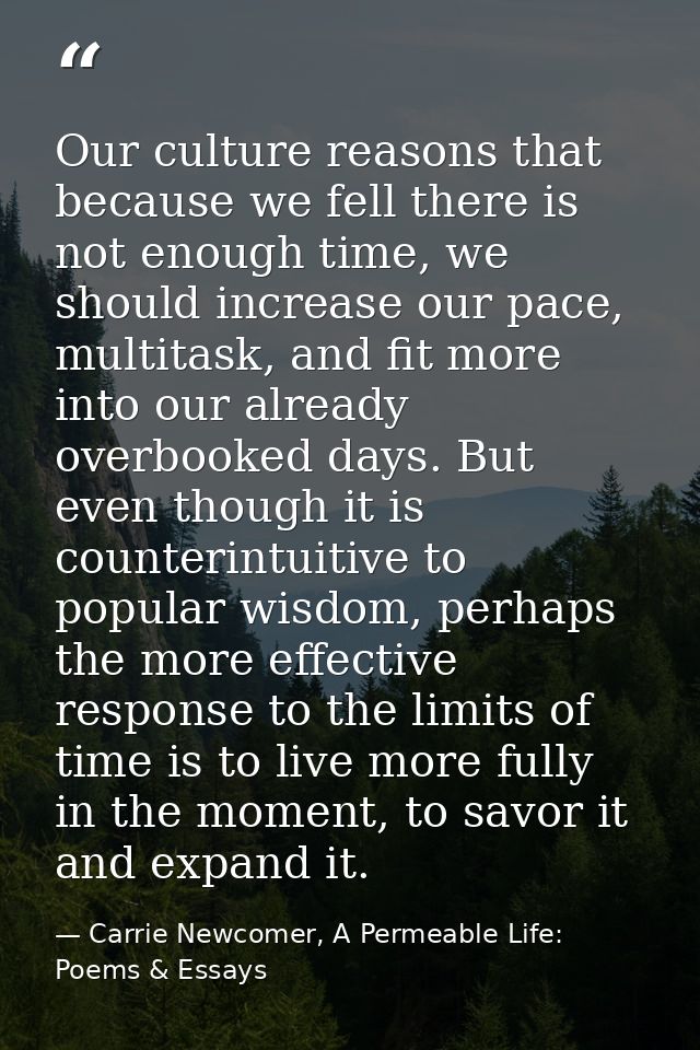 Our culture reasons that because we fell there is not enough time, we should increase our pace, multitask, and fit more  — Carrie Newcomer, A Permeable Life: Poems & Essays
