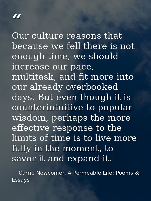 Our culture reasons that because we fell there is not enough time, we should increase our pace, multitask, and fit more  — Carrie Newcomer, A Permeable Life: Poems & Essays