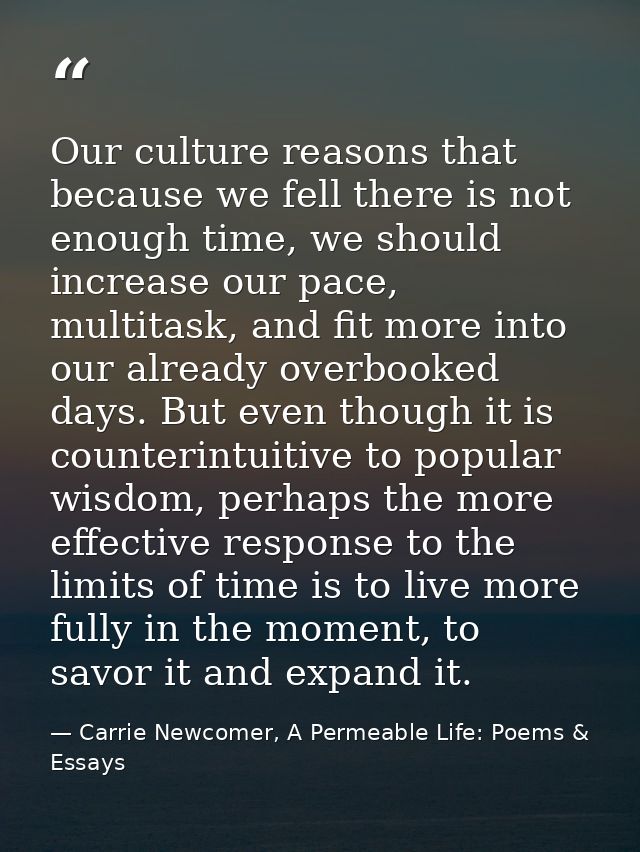 Our culture reasons that because we fell there is not enough time, we should increase our pace, multitask, and fit more  — Carrie Newcomer, A Permeable Life: Poems & Essays