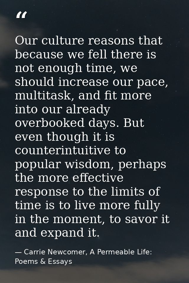 Our culture reasons that because we fell there is not enough time, we should increase our pace, multitask, and fit more  — Carrie Newcomer, A Permeable Life: Poems & Essays