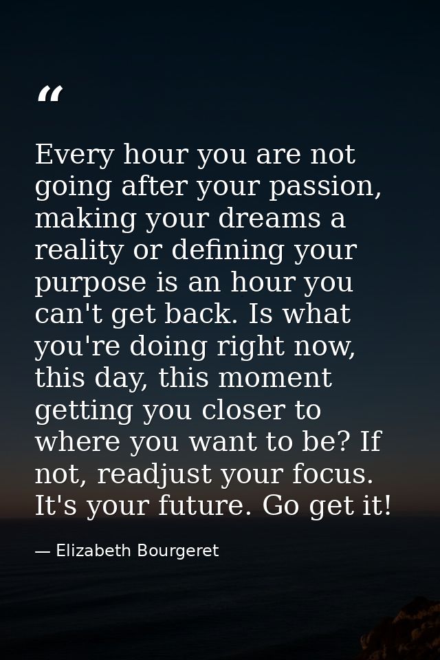 Every hour you are not going after your passion, making your dreams a reality or defining your purpose is an hour you ca — Elizabeth Bourgeret