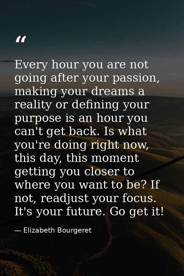 Every hour you are not going after your passion, making your dreams a reality or defining your purpose is an hour you ca — Elizabeth Bourgeret